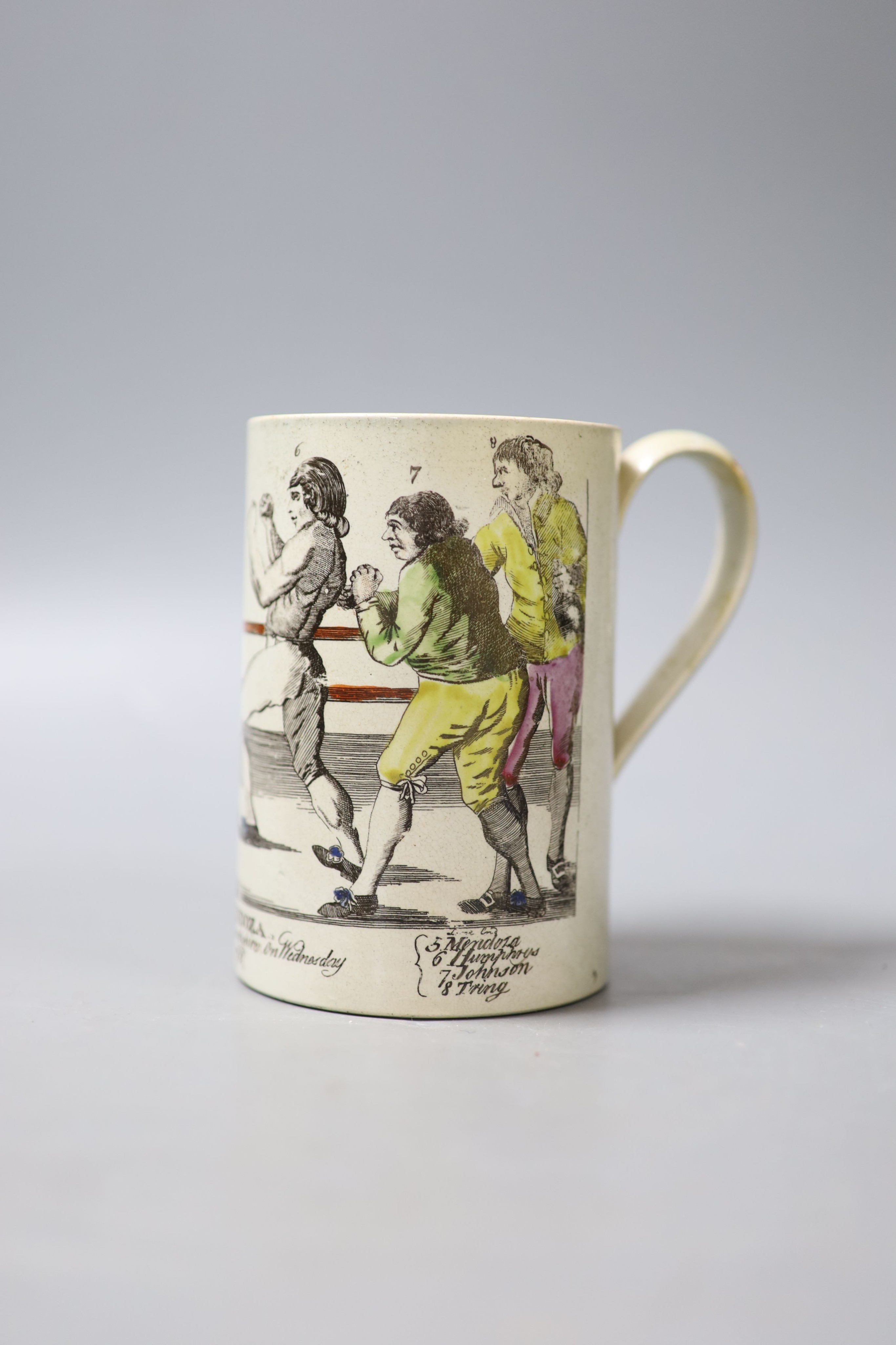 Boxing History- A late 18th century pearlware mug, depicting Humphreys v Mendoza, height 12cm